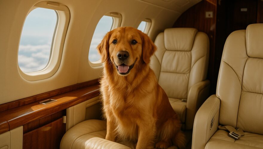 perro-en-un-jet-concierge privado perro en el jet privado en el asiento por encima de las nubes