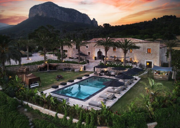 Luxury property with pool in front of the striking twin mountains of Alaró on Mallorca.