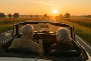 Exklusive Seniorenassistenz -Seniorenpaar fährt im Cabrio dem Sonnenuntergang entgegen.