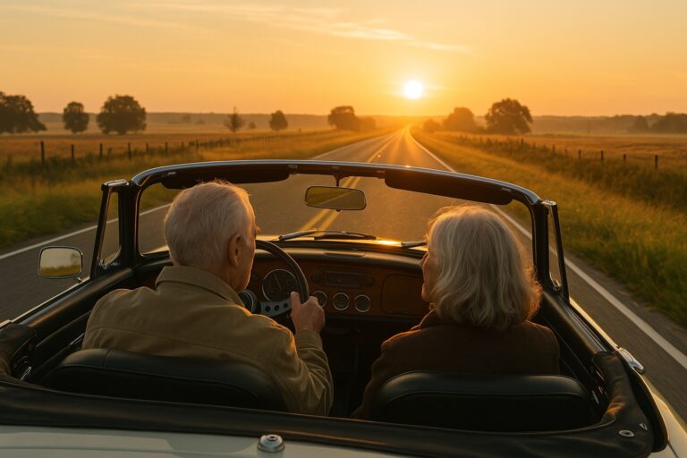 Seniorenpaar fährt im Cabrio dem Sonnenuntergang entgegen